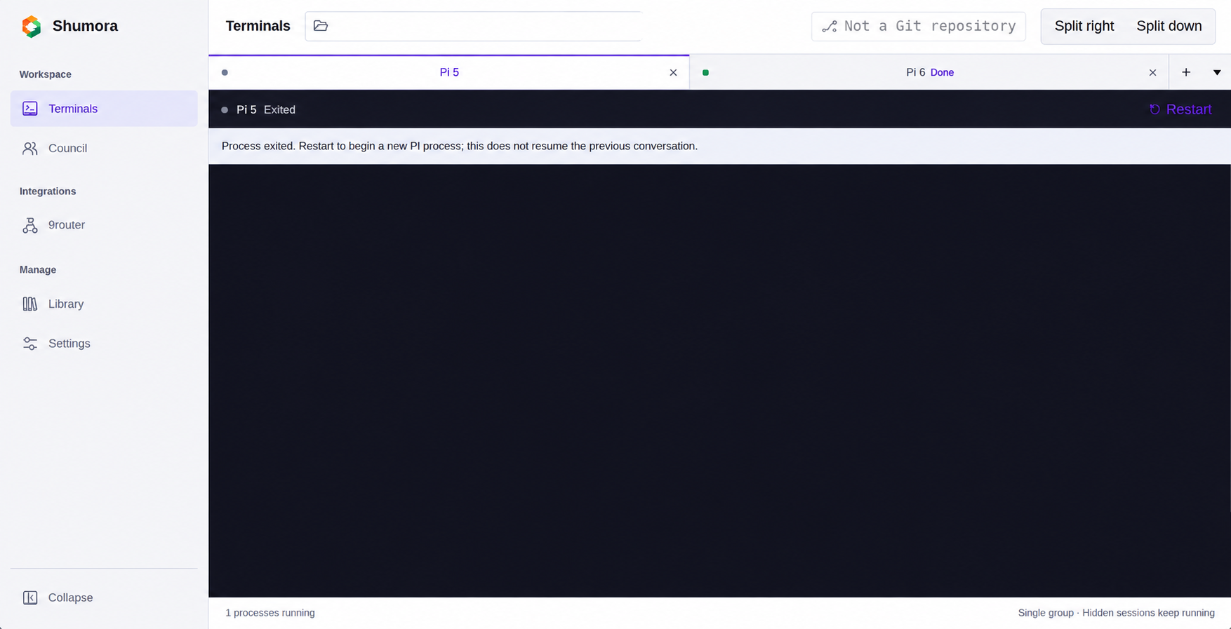 Shumora desktop app showing the workspace sidebar and split AI terminal sessions